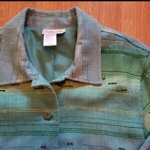 Coldwater Creek Silk Jacket Medium Green Blue Button Up Beaded Sequins Lined